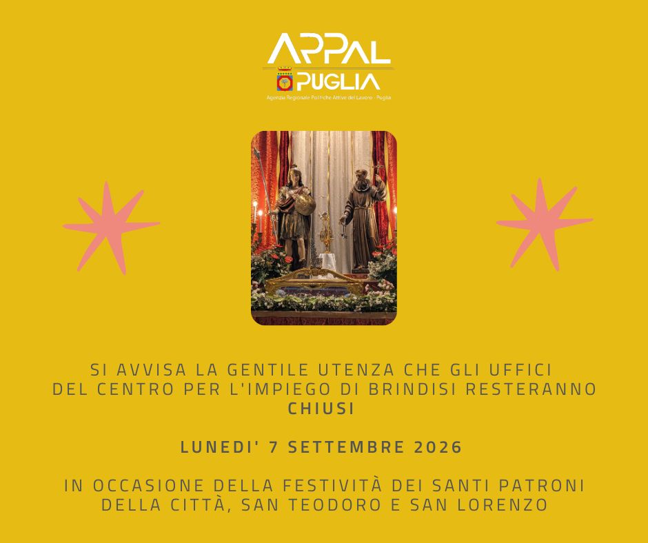 Chiusura centro impiego di Brindisi il 07/09/2026 per festività dei santi patroni